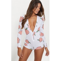 Sexy deep v-neck jumpsuit - long sleeve printed bodysuit with buttonsBlouses & shirts