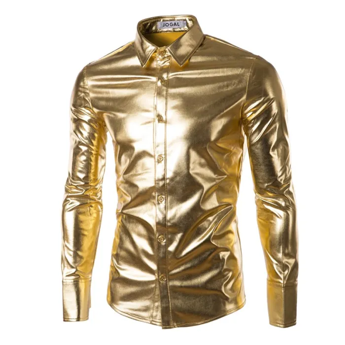 purple coated metallic night club wear shirt - men long sleeve button down mens dress shirt shiny elastic chemise hommeT-shirts