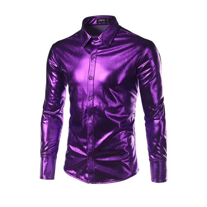 purple coated metallic night club wear shirt - men long sleeve button down mens dress shirt shiny elastic chemise hommeT-shirts
