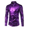 purple coated metallic night club wear shirt - men long sleeve button down mens dress shirt shiny elastic chemise hommeT-shirts