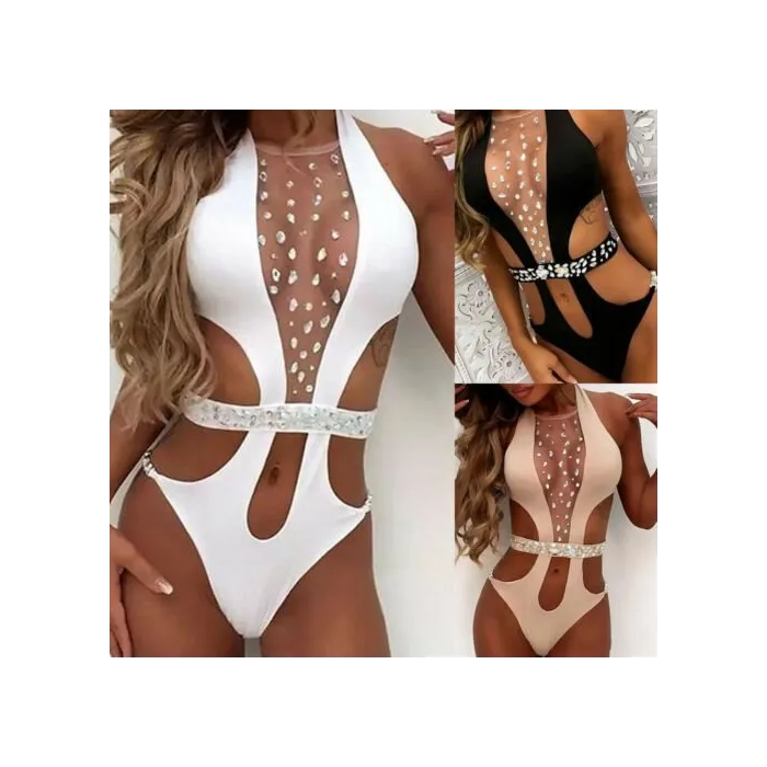 Sexy one-piece swimsuit - with front mesh & crystals - monokiniBeachwear