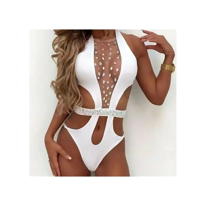 Sexy one-piece swimsuit - with front mesh & crystals - monokiniBeachwear