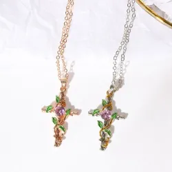 Cross with leaves pendant - necklace - womenNecklaces