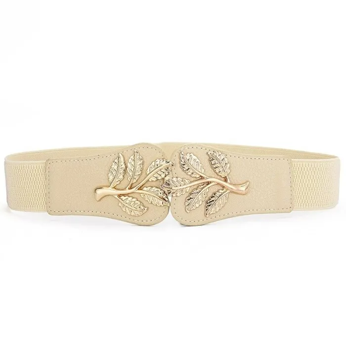 Fashionable elastic wide belt - leafs emblem buckleBelts
