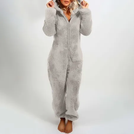 Plush romper with hoodie and zipper - winter pyjamaWomen's fashion