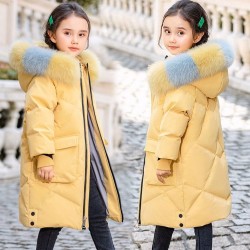 Padded cotton long jacket - with a colorful fur hood - for girlsClothing