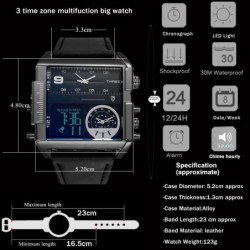 Sports quartz watch - 3 time zone - LED - leather bandWatches