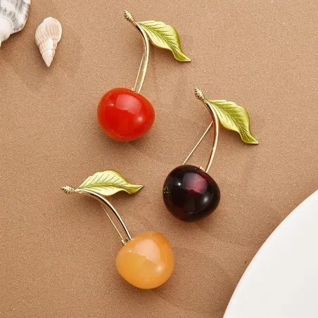 Enameled cherry with a leaf - broochBrooches