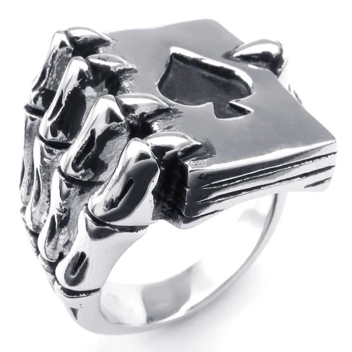 Vintage ring - stainless steel - skull claw holding deck of cardsRings