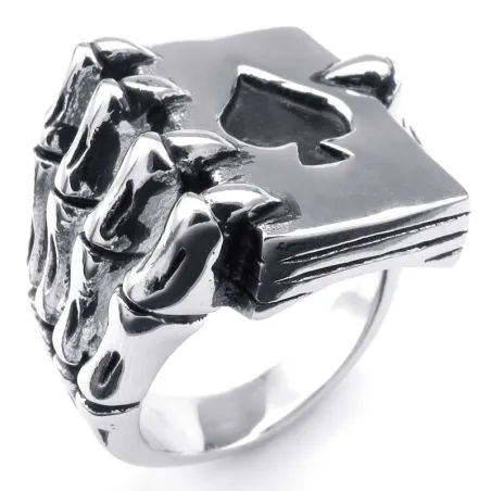 Vintage ring - stainless steel - skull claw holding deck of cardsRings