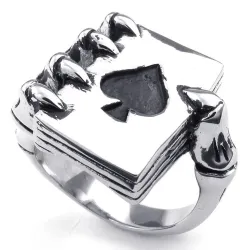 Vintage ring - stainless steel - skull claw holding deck of cardsRings