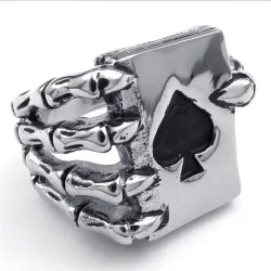 Vintage ring - stainless steel - skull claw holding deck of cardsRings