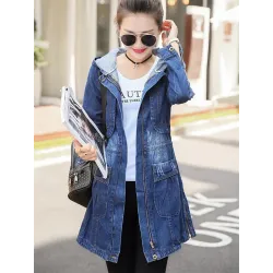 Trendy denim long jacket - with hood - zipper - pocketsJackets