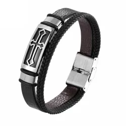 Vintage cross bracelet - stainless steel / leather - with metal claspBracelets