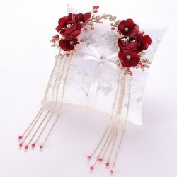 Red rose flower - crystal hair clip - with long tassels