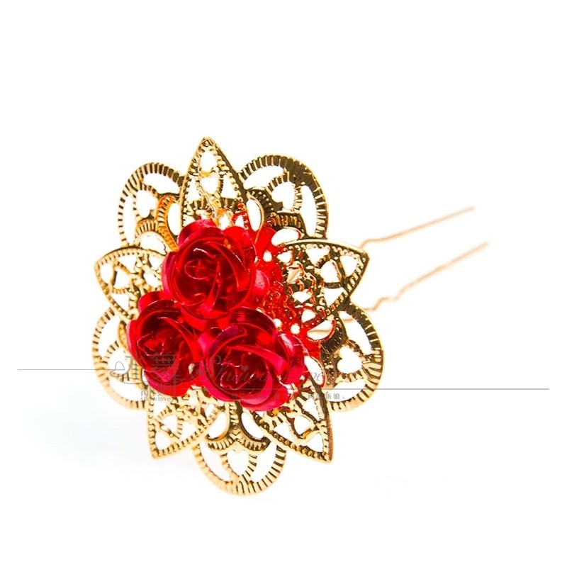 Golden hairpins with red roses - 30 pieces