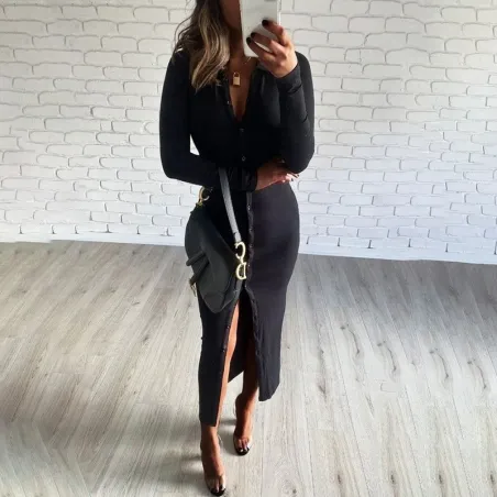 Fashionable button up dress - ankle length - long sleeve - v-neckDresses