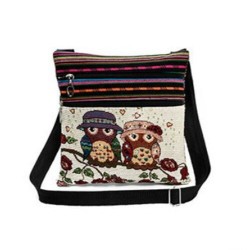 Mini vintage shoulder bag - with zippers - embroidery owlsBags