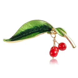 Green leaf / 3 cherries - elegant broochBrooches