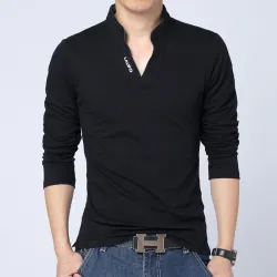 Classic elegant t-shirt - with mandarin collar - long sleeve - slim fit - cottonT-shirts