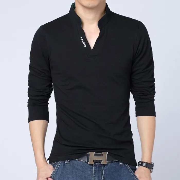 Classic elegant t-shirt - with mandarin collar - long sleeve - slim fit - cottonT-shirts