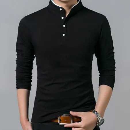 Elegant t-shirt - long sleeve - mandarin collar with buttons - cottonT-shirts