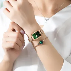 Elegant watch / with bracelet - with a green stone - stainless steel / leatherBracelets