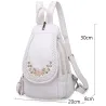 Fashionable leather backpack - cats / flowers print - white / black / pinkBackpacks