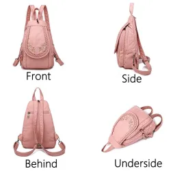 Fashionable leather backpack - cats / flowers print - white / black / pinkBackpacks
