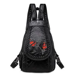 Fashionable leather backpack - cats / flowers print - white / black / pinkBackpacks