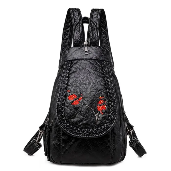 Fashionable leather backpack - cats / flowers print - white / black / pinkBackpacks