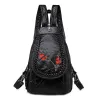 Fashionable leather backpack - cats / flowers print - white / black / pinkBackpacks