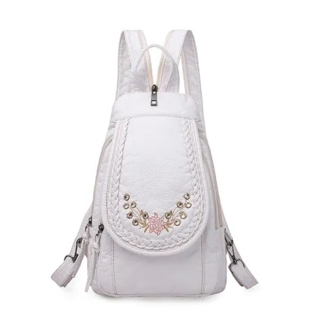 Fashionable leather backpack - cats / flowers print - white / black / pinkBackpacks