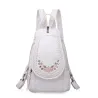 Fashionable leather backpack - cats / flowers print - white / black / pinkBackpacks