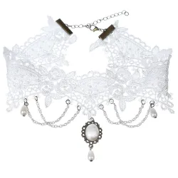 Fashionable white lace short necklace - with chains / pearls - Gothic styleNecklaces