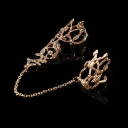 Two finger ring - with chain - hollow out flowers / crystalsRings