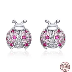 Earrings with ladybug - pink zirconia - 925 sterling silverEarrings