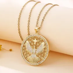 Vintage stainless steel necklace - Eagle / Cross / God guardian pendant - gold platedNecklaces
