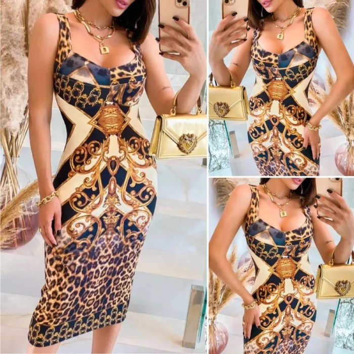 Sexy fashionable midi dress - sleeveless - yellow leopard print - slimDresses