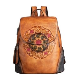 Women's retro backpack - floral embossing - genuine leather - large capacityBackpacks