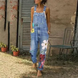 Summer long jumpsuit - jeans romper - flowers printedJumpsuits
