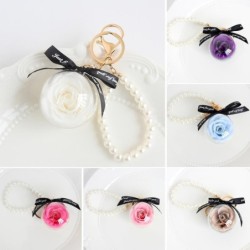 Fashionable round keychain - with eternal forever rose / pearls