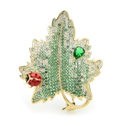Luxurious crystal brooch - red beetle / green leafBrooches