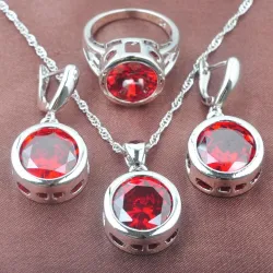 Fashionable silver jewellery set - with round zirconia - necklace - earrings - ringJewellery Sets