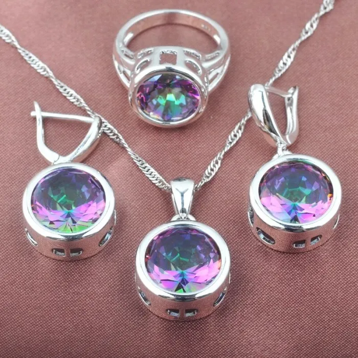Fashionable silver jewellery set - with round zirconia - necklace - earrings - ringJewellery Sets