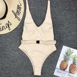 Sexy one piece ribbed swimsuit - Brazilian monokini - with beltBeachwear