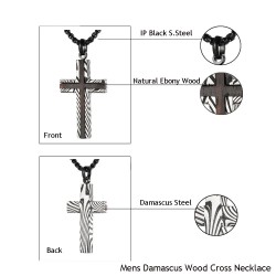 Damascus steel cross pendant - ebony wood - stainless steel necklaceNecklaces