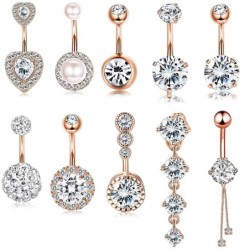Belly button ring - piercing - double round cubic zirconia - 316L surgical steel - gold