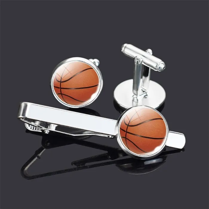 Fashionable silver cufflinks - tie clip - basketball - football - baseball - volleyball - golf - setCufflinks