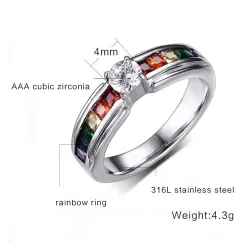 Fashionable ring - colorful rainbow zirconia - unisex - stainless steelRings